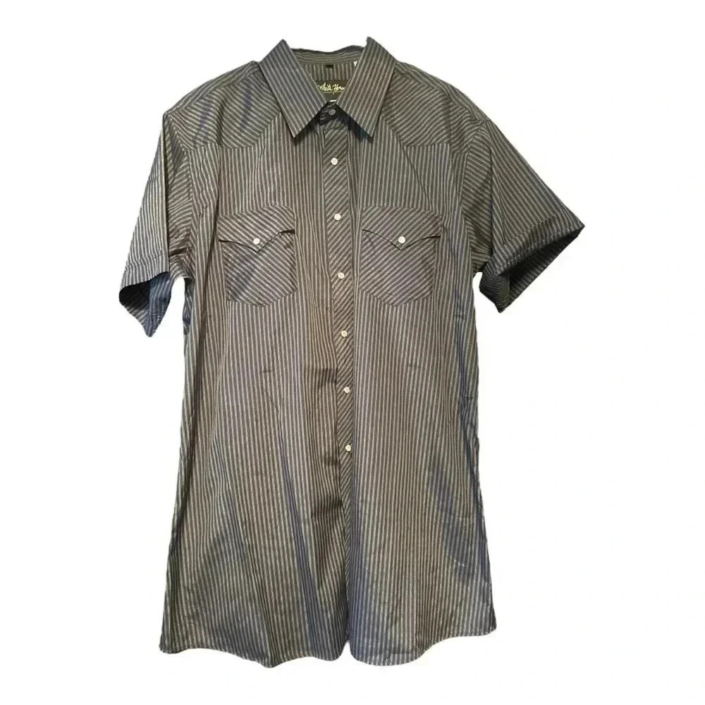 Men's Striped Short Sleeve Western Vintage Shirt Pearl Button Purple & Black XL